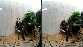 Young girl smokes topless in leather skirt!