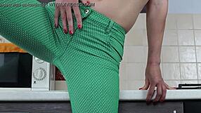 Russian girl sasha bikeyeva teases and pees through tight green pants
