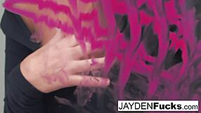 Jayden Jaymes, nude brunette pornstar with big tits, masturbates her amazing pussy