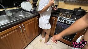 A hot encounter and a hot chat with sexy stepmom seduces her stepson in the kitchen