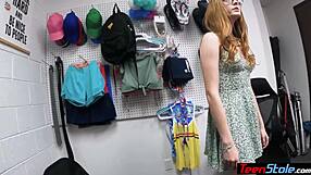 Shameless teen thief Amber Stark with red hair and glasses gets fucked by a dirty old police officer