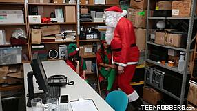 In his office, old man Santa Claus has a threesome with two young elves