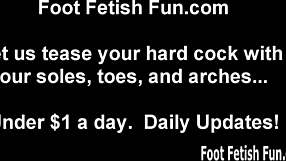 Sloppy footjob with licking and sucking in femdom masturbation fetish.