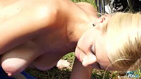 blonde babe get cum on her big tits when fucked outdoor