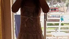 Morning wake-up with no panties flashing on balcony.