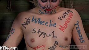 the girl tries out the fucking machine in a sadomasochism session, her body responding to the mechanical thrusts