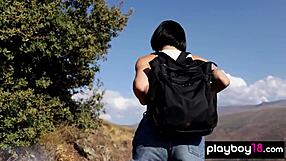 Skinny brunette muse sophia strips! Small tits on hilltop!