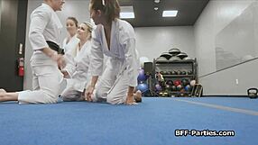 Foursome with lewd teens during martial arts lessons