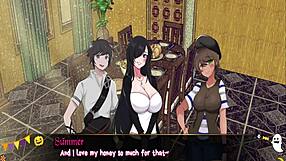 In the horror mansion, she gives a footjob under the desk during the game.