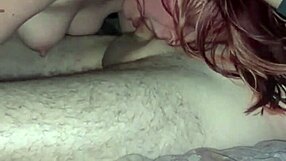 Sexy wife gives hot blowjob, sucking deep with nipples exposed