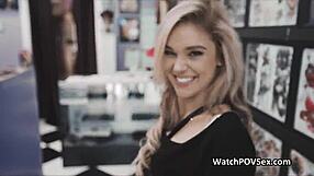 Girlfriend discreetly sucks cock in public tattoo studio, almost caught outdoors