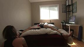 Milf toys with bound boyfriend’s feet and cock