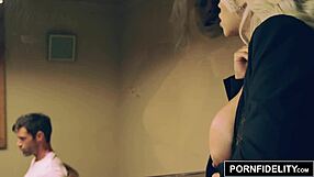 Bridgette B in lingerie and stockings interrogates a hard cock with facial cumshot in police scenario.