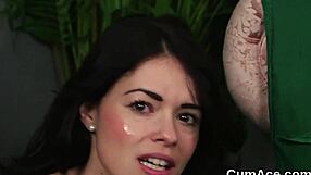 Spicy honey gets sperm shot on her face, sucking all the cream.