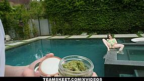 Jackie hoff's big natural tits bounce as she seduces her boyfriend by the pool