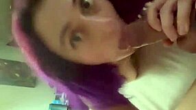 Purple haired girl sucking cock with intriguing skill