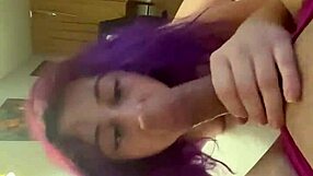 Purple haired girl sucking cock with intriguing skill