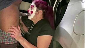 A voluptuous Caucasian lass gets choked and sexual fucked by her companion both in clown livery