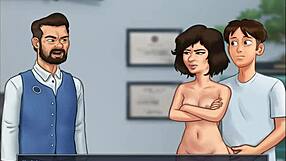 A beautiful female character gets steamy in the office for a hentai game