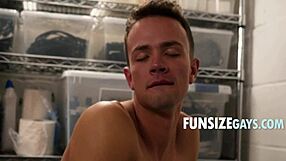 In the gay porn video, a slender boy gets penetrated by a muscular janitor