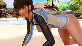 Hitomi from DOA5 poses nude, spreading close on the beach.