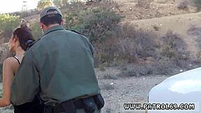 Dominant cop pulls over brunette in uniform for outdoor anal assfucking