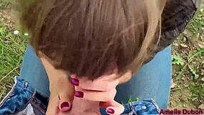 girl sucks boyfriend's cock outdoors sensually and gets cum in mouth!