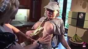 curious blonde squeezes big tits while friend licks pussy