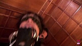 Blindfolded brunette rides wet pussy in cowgirl position.