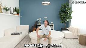 Redhead begs for oozing facials in threesome