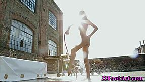 petite babe gives footjob while masturbating