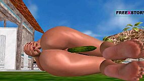 Cute girl in 3D cartoon pleasures herself with cucumber – innocent or naughty?