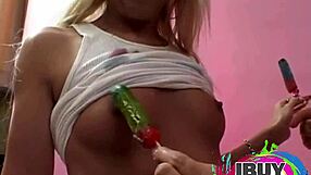 Two Babes Licking Popsicles With Natural Tits