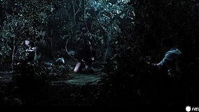 Beautiful woman with great assets gets frozen and has sex with three men in the woods.
