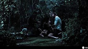 Beautiful woman with great assets gets frozen and has sex with three men in the woods.