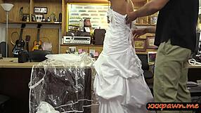 Hidden camera captures the sexual experience of a blonde bride on her wedding day at a pawnshop.