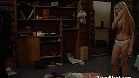 Mistress exclaims, 'feed the slave and check the new girl!' in leather bondage scene.