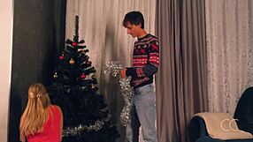 Sexy blonde decorated the fir-tree with her boyfrend and given him a quality suck