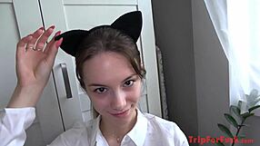 Watch This 18 Yo Naughty Cat Get a Creampie in POV Costumes! Asian Teen with European Interracial Action!