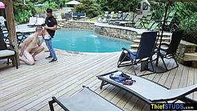 A bodybuilder security guard seduces and has sex with a teenager in the pool.