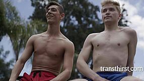 Beautiful transgender sexual experience with two men playing basketball.