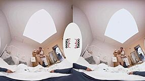 Blonde engages in 3some blowjob and handjob with shaved pussy group