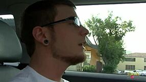 Bearded guy picks up a milf, gives her a blowjob, fucks in doggystyle on the couch, and cums