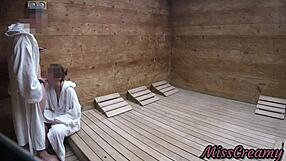 Public sauna tryst with a MILF and a teen - big dick surprise