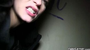 Shorthaired beauty sucks and fucks a big cock in public outdoors