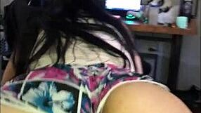 Amateur girl rides huge cock bent over