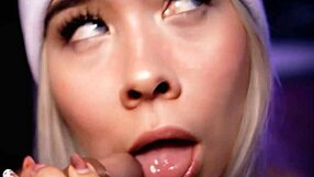 Blonde with a beautiful face demonstrates her professional ability to suck cock