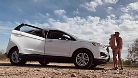 Dude, totally butt naked on the roadside with a hot blonde for risky car sex! 😜