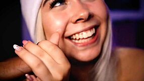 Blonde with a beautiful face demonstrates her professional ability to suck cock