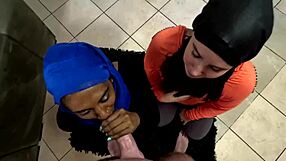 POV threesome with hijab-wearing babes and big cocks